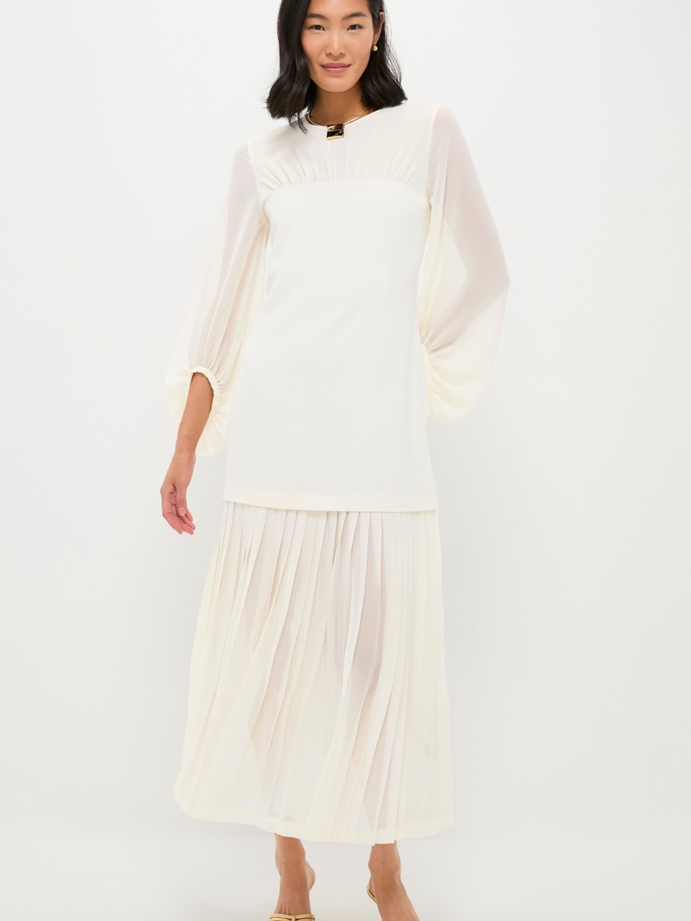 Tuckernuck Ivory Pleated Long-Sleeve Midi Dress